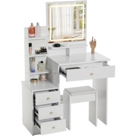 Makeup table with mirror and light, Padded makeup stool, 3 color lighting modes, adjustable brightness, 4 drawers and cabinets