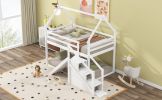 Twin over Twin House Loft or Bunk Bed with Slide and Staircase, White