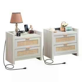 2024 New Night Stand Set of 2, Rattan Nightstands with Type-C Charging Station & 2 Rattan Drawers (Color: Grey White)