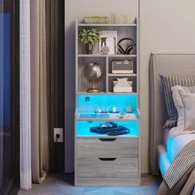 Tall Nightstand Set of 1/2, LED Nightstand with Charging Station, Tall Bedside Table with Shelves and 2 Drawers, Side End Table (Color: Grey-1PC)