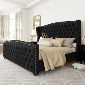 Bed Frame, Velvet Upholstered Bed with Deep Button Tufted & Nailhead Trim Wingback Headboard/No Box Spring Needed, Bed Frame (Color: Black)