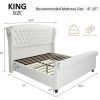 King Size Bed Frame, Chenille Upholstered Sleigh Beds with Scroll Wingback Headboard & Footboard/Button, King Size Bed Frame